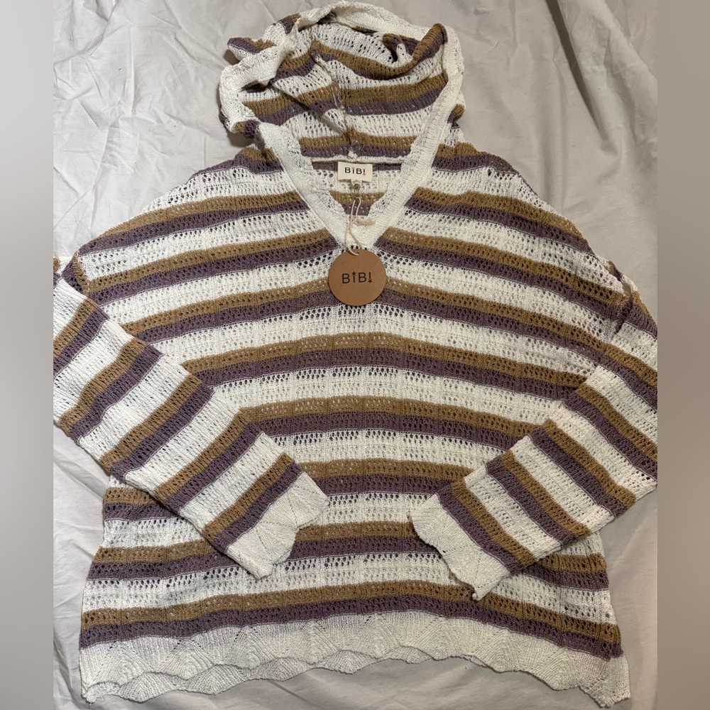NWT BiBi V-Neck Striped Knit Boho Beach Vacation Top | Size Large - Picture 8 of 10